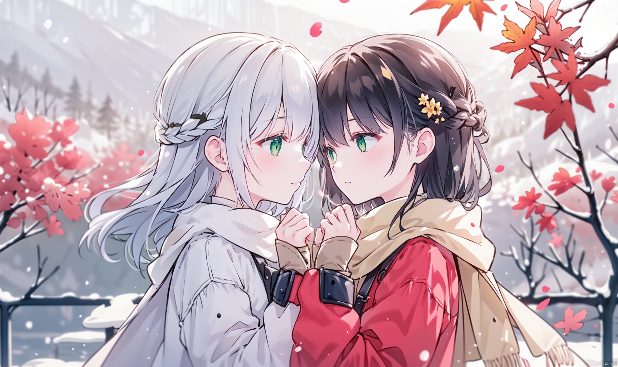 1girl, long hair, bangs, brown hair, black hair, long sleeves, 1boy, closed mouth, upper body, hetero, hand up, scarf, looking at another, coat, profile, leaf, expressionless, wind, light particles, eye contact, height difference, branch, white scarf, autumn leaves, yellow theme, clothes grab, A couple look at each other affectionately, Aesthetic, The seasons change, Winter, Autumn, Spring, Summer, Snow theme, Purple theme, Green theme, It snows, Willow tree, Peach blossom, from side