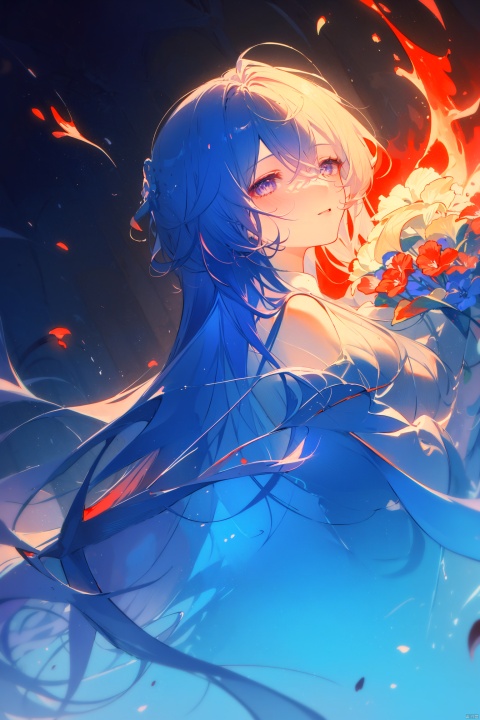  1girl, long hair, flower, Lisianthus, in the style of red and light azure, dreamy and romantic compositions, red, ethereal foliage, playful arrangements, fantasy, high contrast, ink strokes, explosions, over exposure, purple and red tone impression, abstract, whole body capture, ,
, 1girl, liuying