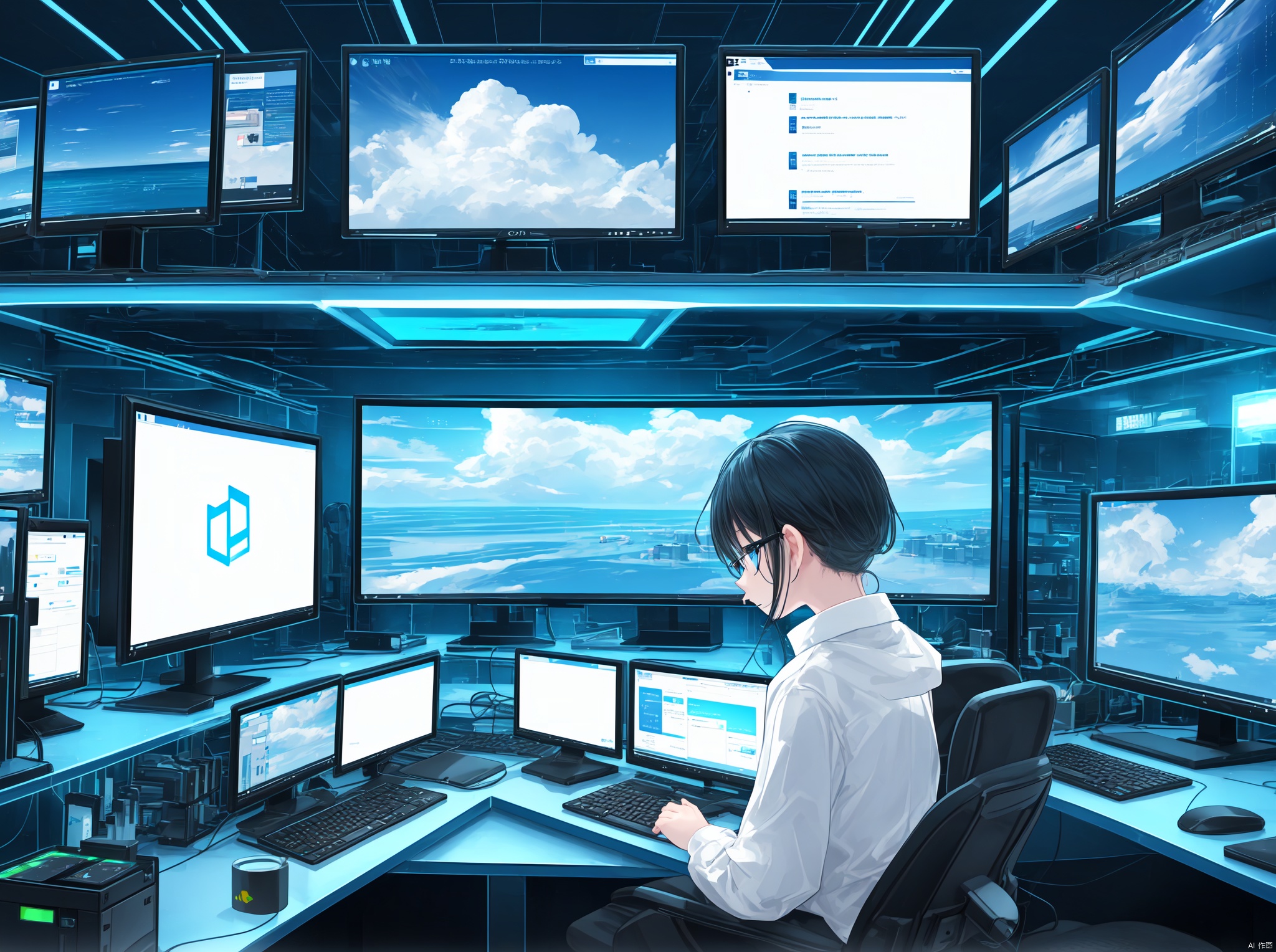 Work in front of the computer, Cloud customer service, Keep the text in mind for risk control security, Text Protection: Customers protect themselves, Transparent smartphone,Work on a computer desktop, Cloud customer service, Keep the text in mind for risk control security, Text Protection: Customers protect themselves, holographic interface, fantasy, Transparent smartphone