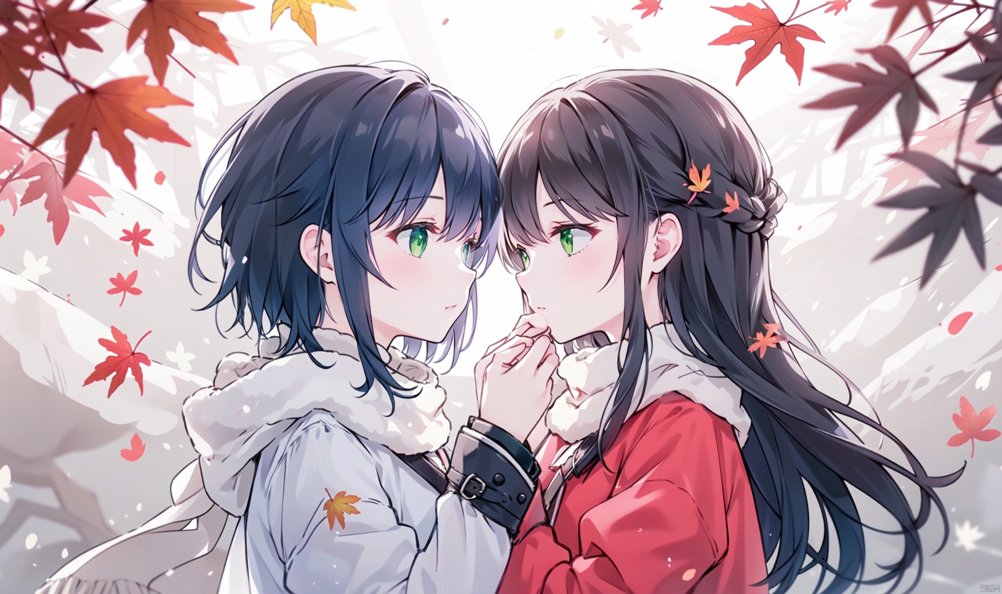 1girl, long hair, bangs, brown hair, black hair, long sleeves, 1boy, closed mouth, upper body, hetero, hand up, scarf, looking at another, coat, profile, leaf, expressionless, wind, light particles, eye contact, height difference, branch, white scarf, autumn leaves, yellow theme, clothes grab, A couple look at each other affectionately, Aesthetic, The seasons change, Winter, Autumn, Spring, Summer, Snow theme, Purple theme, Green theme, from side