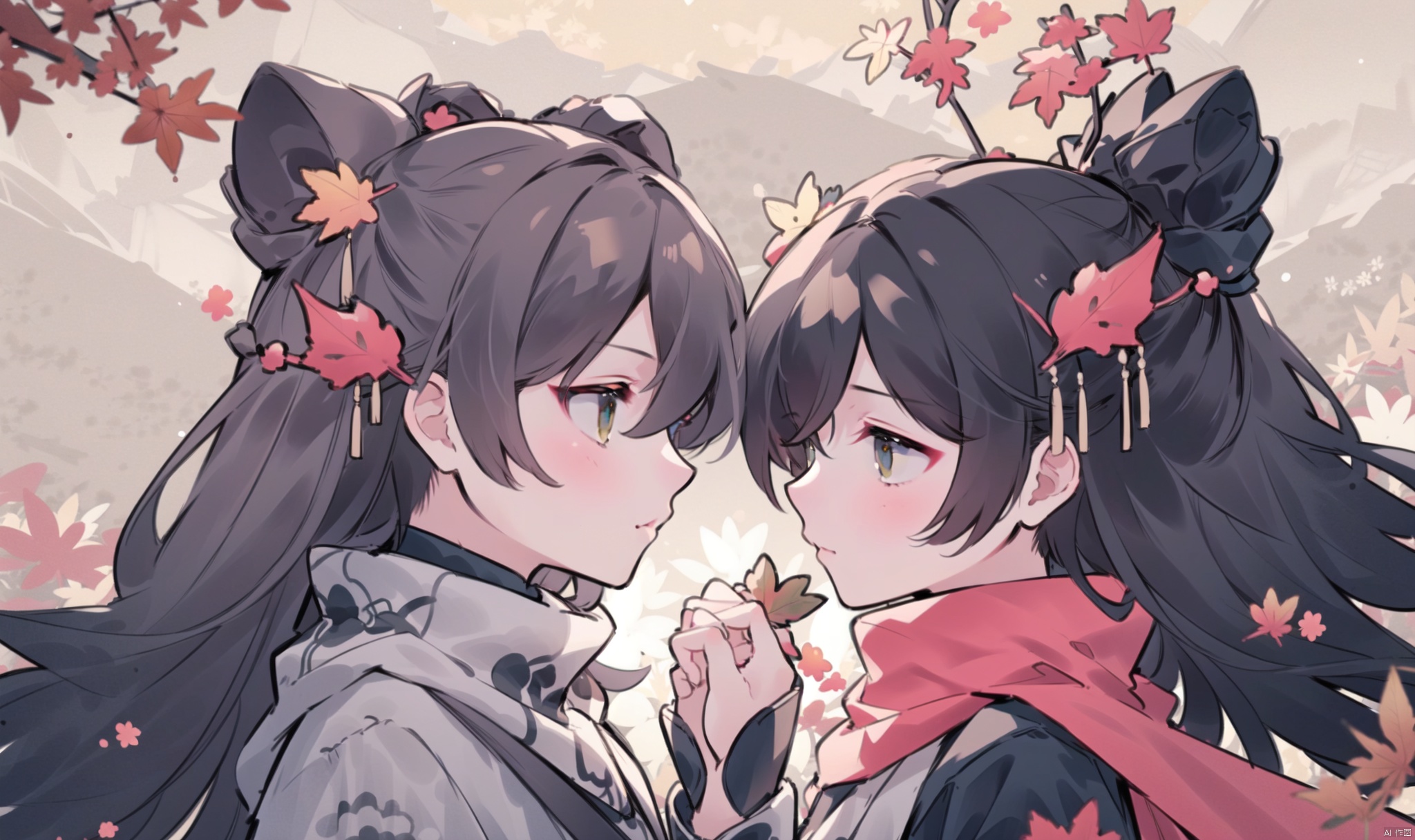 1girl, long hair, bangs, brown hair, black hair, long sleeves, 1boy, closed mouth, upper body, hetero, hand up, scarf, looking at another, coat, profile, leaf, expressionless, wind, light particles, eye contact, height difference, branch, white scarf, autumn leaves, yellow theme, clothes grab, A couple look at each other affectionately, Aesthetic, The seasons change, from side, yinwen,no humans