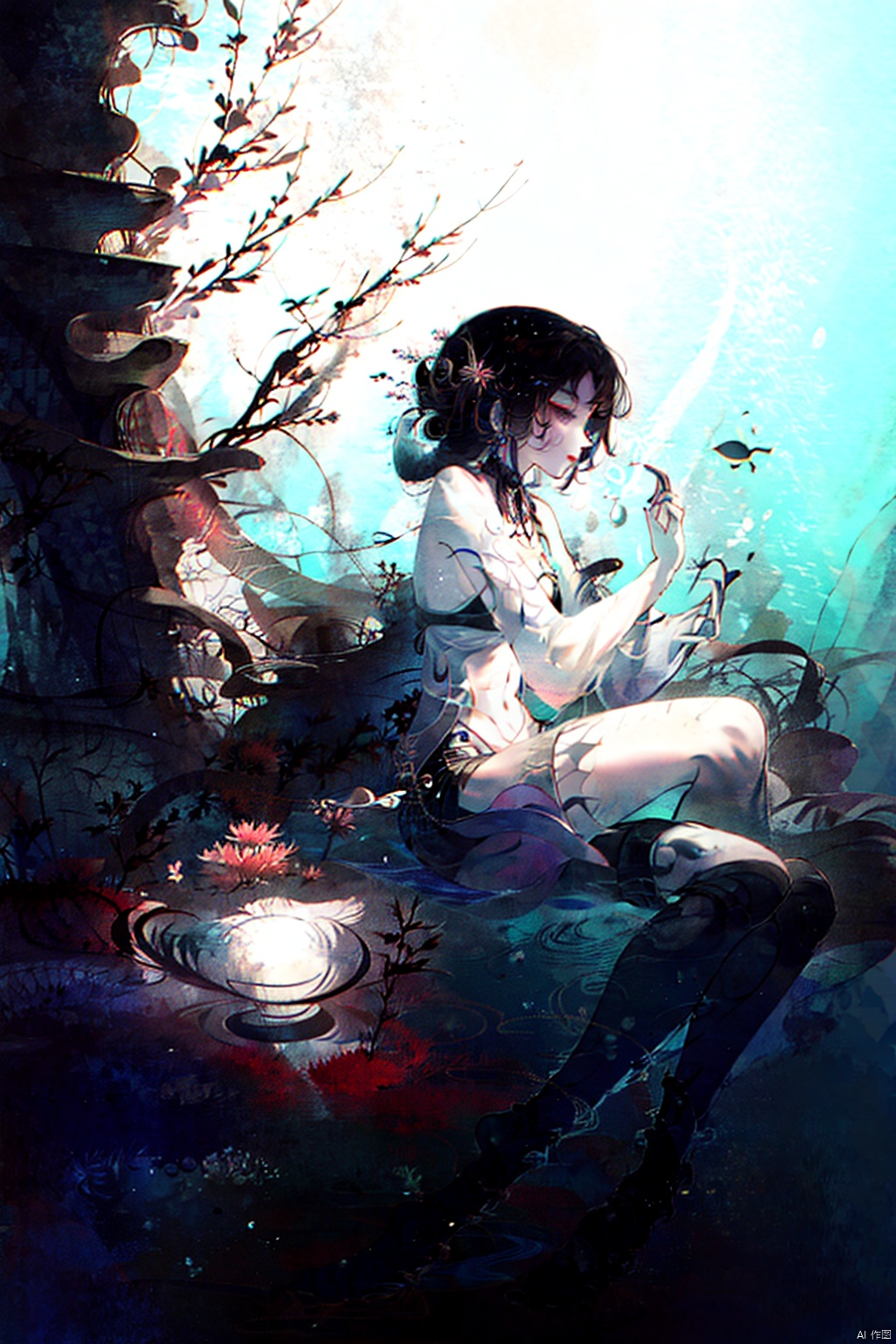  Girl with tentacles instead of legs, swimming in the ocean, surrounded by marine life and coral reefs, curious expression, underwater bioluminescence, mysterious and alien-like.Long legs, sit,