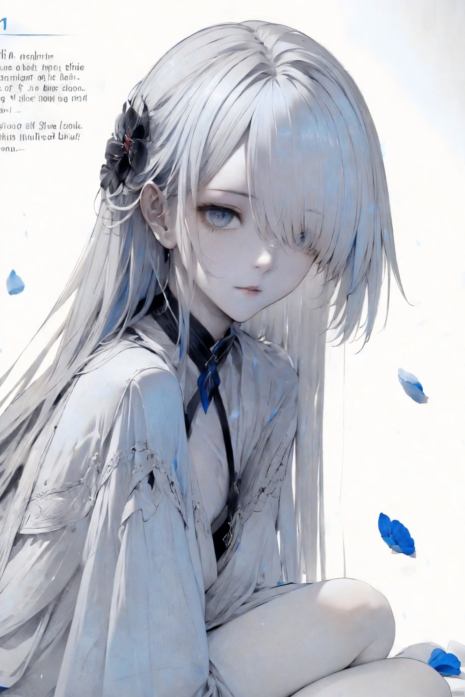  1girl, blue eyes, white long translucent night gown, expressionless, (white hair), hair cover one eye, long hair, blue hair flower, kneeling on lake, blood, (plenty of blue petals:1.35), (white background:1.5), (English text), greyscale, monochrome,greyscale,monochrome,sketch, liuying, meiren-red lips, Diagram