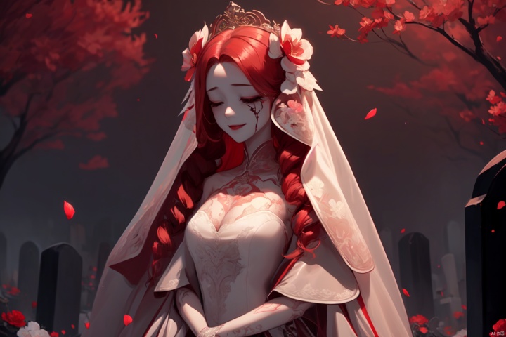  1girl, long hair, solo, veil, flower, closed eyes, dress, smile, wedding dress, hair ornament, petals, dated, ribbon, tears, bouquet, bridal veil, signature, hair flower, red hair, crying, white background, pink hair, upper body,Tombstone, Grave
,(masterpiece, top quality, best quality),horror (theme),
masterpiece,(masterpiece, top quality, best quality, ((no humans)), scenery, red theme, night, Ylvi-Tattoos, horror (theme),Tombstone, Grave, cute girl, ghostdom