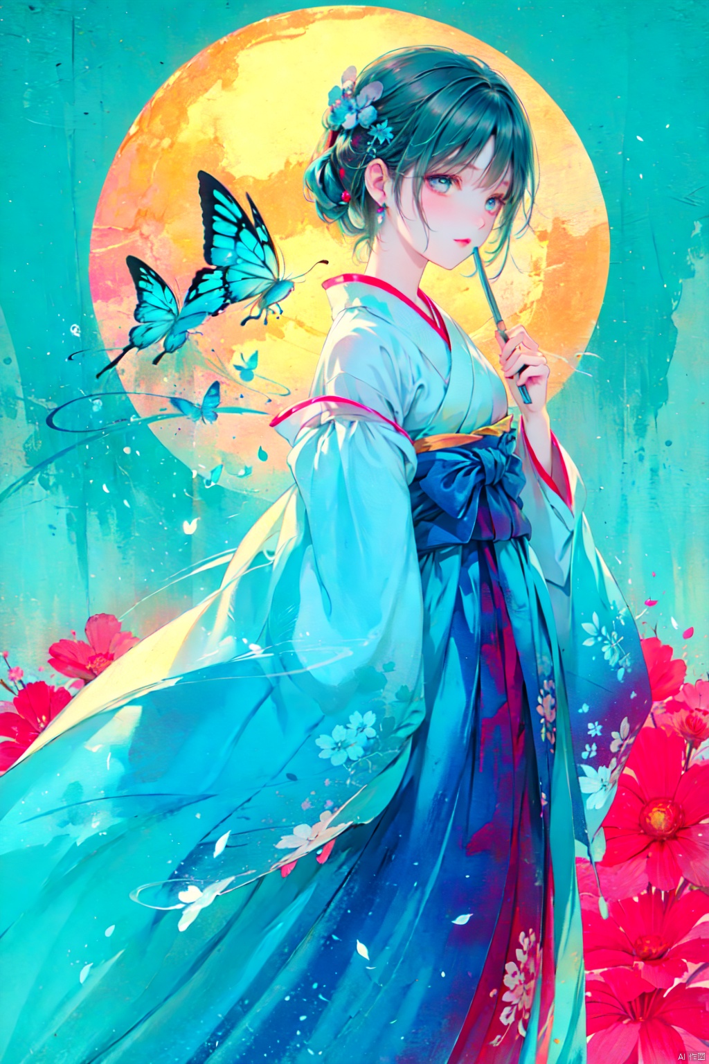  blue butterfly, in a colorful fantasy realism style, realistic color palette, wink and you miss details, japanese style art, fluid and organic shapes, light teal and light red, light reflection