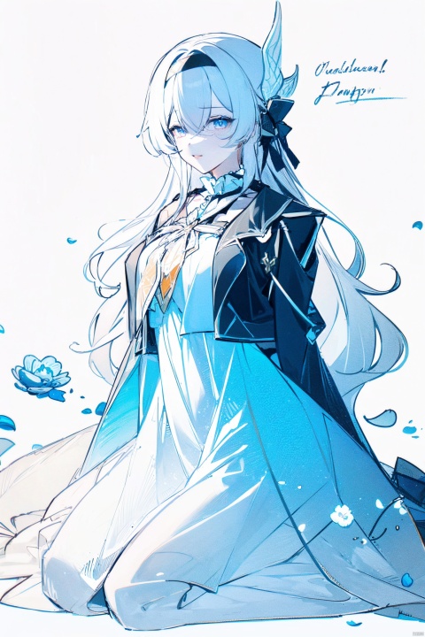  1girl, blue eyes, white long translucent night gown, expressionless, (white hair), hair cover one eye, long hair, blue hair flower, kneeling on lake, blood, (plenty of blue petals:1.35), (white background:1.5), (English text), greyscale, monochrome,greyscale,monochrome,sketch, liuying, backlight,a girl named heitiane, tattoo on stomach, haoche, meiren-red lips, black jacket