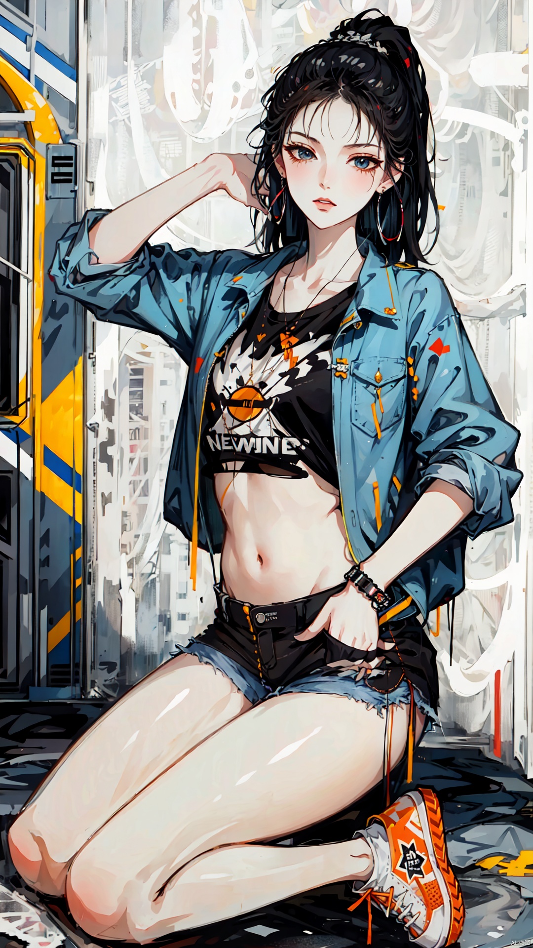  best quality,masterpiece,illustration,earrings,,hand in pocket,Denim shorts,an extremely delicate and beautiful,extremely detailed,CG,unity,8k,wallpaper,Amazing,finely detail,1 girl, solo, street, graffiti, white short sleeved, denim jacket, denim shorts, sneakers, spray painting,graffiti on the wall, hip-hop, street culture, jtc