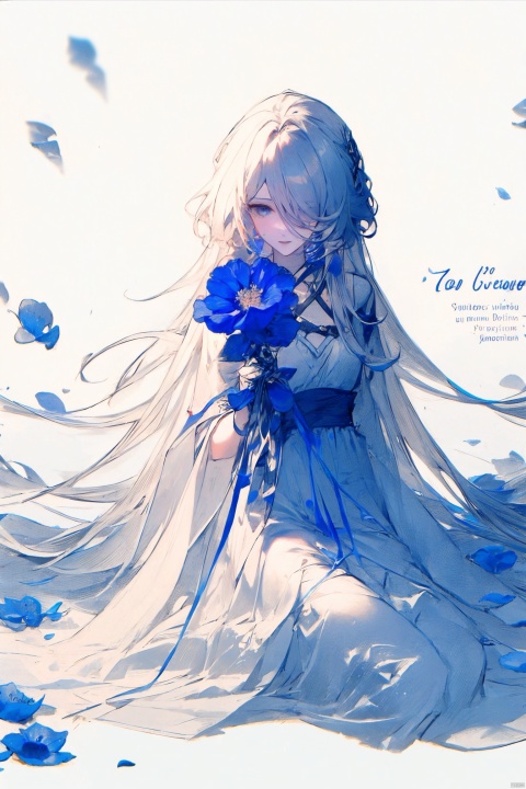  1girl, blue eyes, white long translucent night gown, expressionless, (white hair), hair cover one eye, long hair, blue hair flower, kneeling on lake, blood, (plenty of blue petals:1.35), (white background:1.5), (English text), greyscale, monochrome,greyscale,monochrome,sketch, liuying, meiren-red lips, Diagram