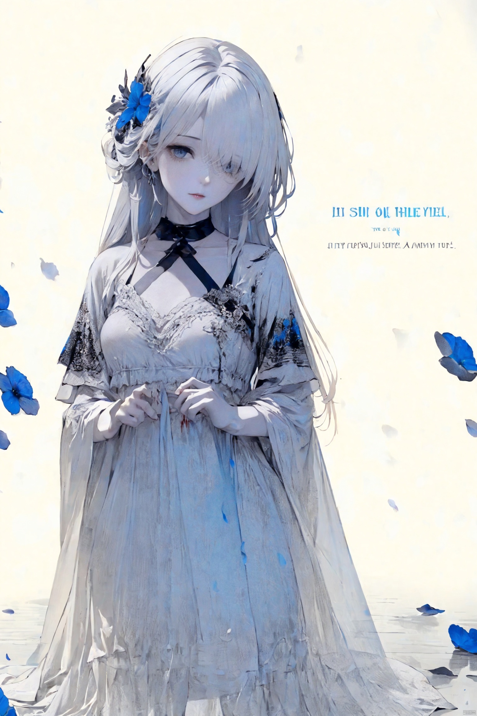  1girl, blue eyes, white long translucent night gown, expressionless, (white hair), hair cover one eye, long hair, blue hair flower, kneeling on lake, blood, (plenty of blue petals:1.35), (white background:1.5), (English text), greyscale, monochrome,greyscale,monochrome,sketch, liuying, meiren-red lips, Diagram