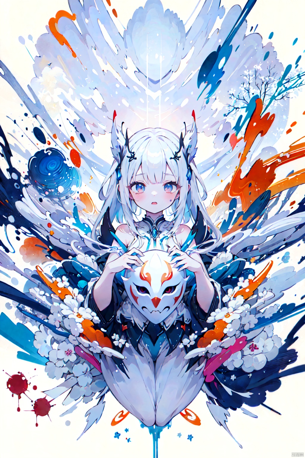  asterpiece, best quality, ultra high res, (extreme detailed), (1 beautiful girl), (abstract art:1.4), bleeding white, visually stunning, beautiful, evocative, emotional, ((white background)), white theme, goddess, cloud, mask, 1 girl