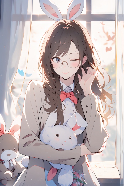  cute girl,1girl, glasses, brown hair, solo, stuffed toy, long hair, stuffed bunny, one eye closed, indoors, stuffed animal, looking at viewer, long sleeves, smile, rabbit, window, curtains, bow, artist name, cute girl,photorealistic, hand101