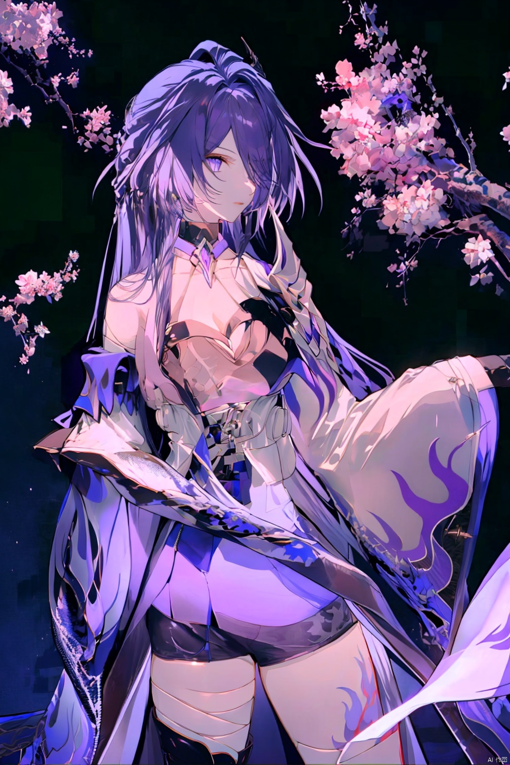  1girl, purple hair, dark purple hair, purple clip on hair, wearing Japanese clothes, Japanese clothes, purple and white Japanese clothes, holding a sword, holding a purple shiny sword, glowing purple sword, Japanese type sword, background charry blossom trees, beautiful pinkish charry blossom trees, dark purple sky, look at the view, lora:more_details:0.5, vibrant colors, masterpiece, sharp focus, best quality, depth of field, cinematic lighting, lora:more_details:0.5,wearing an apron, lora:more_details:0.5, naked and wearing an apron, Ymir Fritz, katana