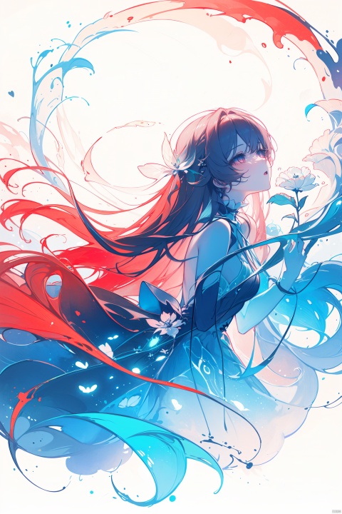 1girl, long hair, flower, Lisianthus, in the style of red and light azure, dreamy and romantic compositions, red, ethereal foliage, playful arrangements, fantasy, high contrast, ink strokes, explosions, over exposure, purple and red tone impression, abstract, whole body capture, ,
, 1girl, liuying