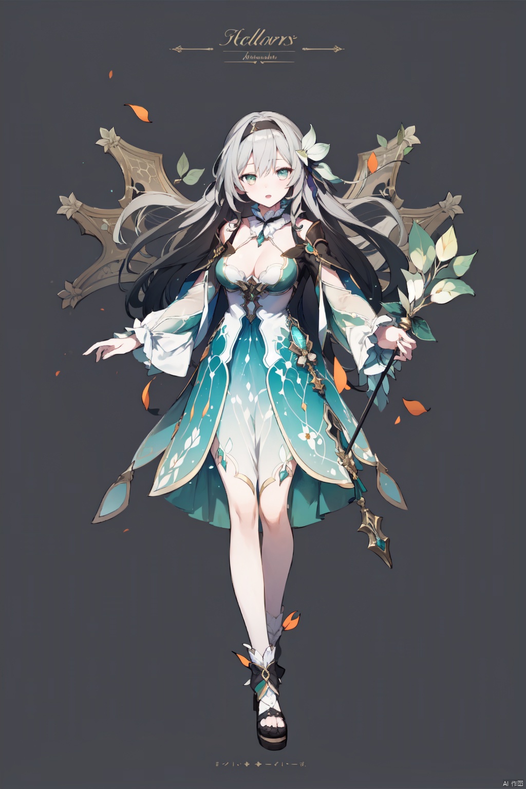 1girl, solo, long hair, green eyes, flower, staff, hair flower, hair ornament, copyright name, dress, breasts, full body, open mouth, cleavage, black hair, simple background, petals, grey background, looking at viewer, medium breasts, very long hair, jewelry, holding staff, holding, company name,grey hair