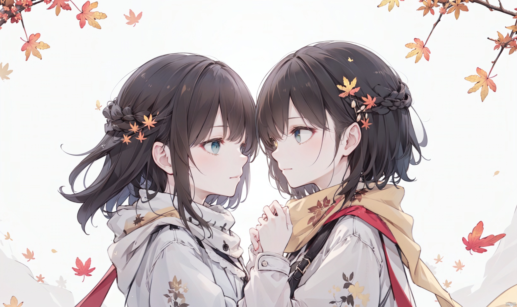 1girl, long hair, bangs, brown hair, black hair, long sleeves, 1boy, closed mouth, upper body, hetero, hand up, scarf, looking at another, coat, profile, leaf, expressionless, wind, light particles, eye contact, height difference, branch, white scarf, autumn leaves, yellow theme, clothes grab, A couple look at each other affectionately, Aesthetic, The seasons change, Winter, Autumn, Spring, Summer, from side