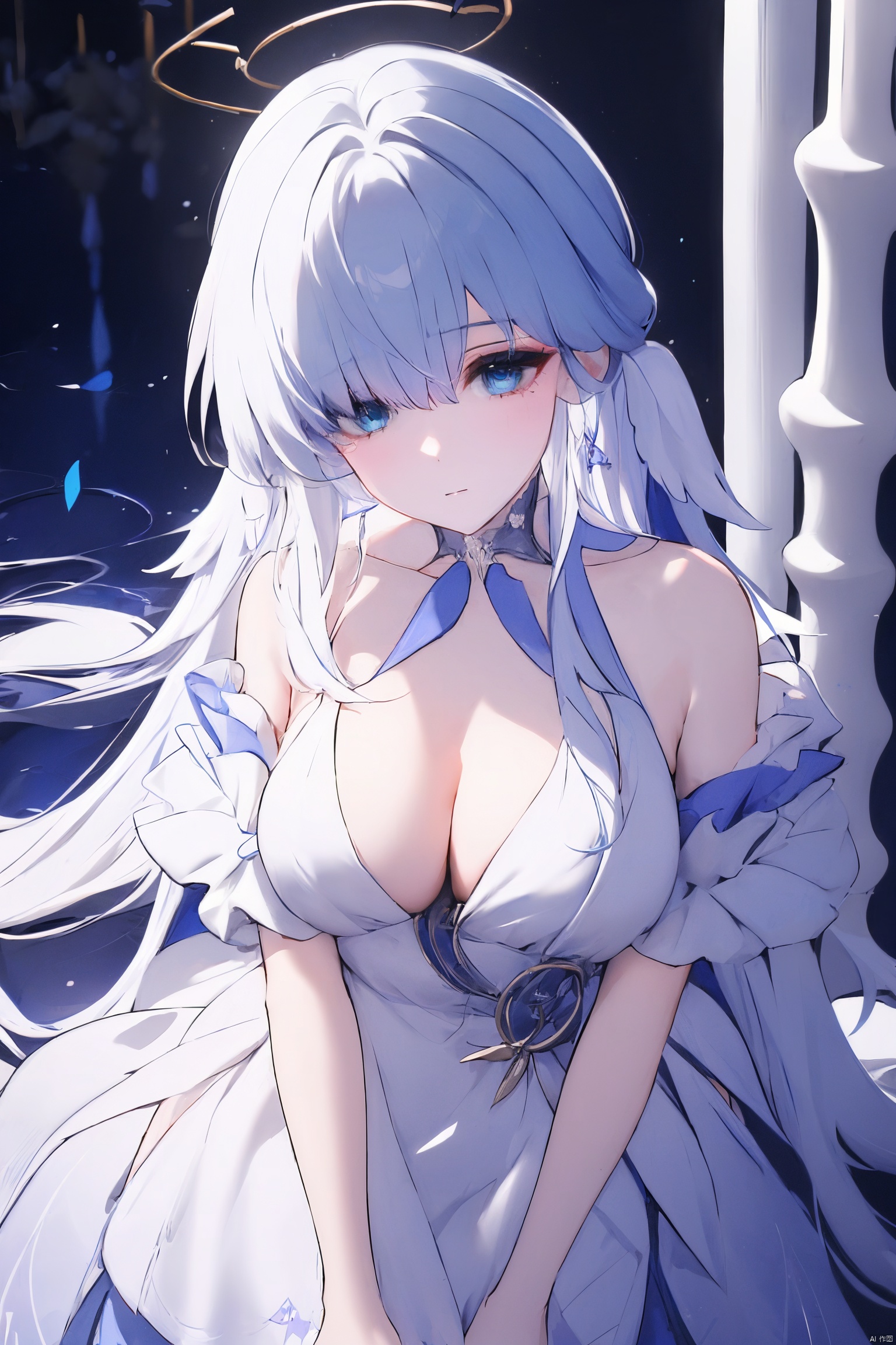  1girl, blue eyes, white long translucent night gown, expressionless, (white hair), hair cover one eye, long hair, blue hair flower, kneeling on lake, blood, (plenty of blue petals:1.35), (white background:1.5), (English text), greyscale, monochrome,greyscale,monochrome,sketch, liuying