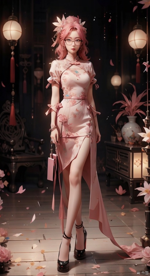  High quality, ultra high definition, surreal, highest resolution, high detail, clear visuals, girl, full body portrait, sapphire eyes, red lips, exquisite facial features, looking at the camera, (facial close-up), ((pink hair)), mid chest, (round neck), tall figure,, high heels, gym,PinkMecha,latex,4k,极致细节,****,油亮的乳胶衣,Chinese cheongsam,siting,(wearing exquisite glasses"。,FF pink eyes,sitting in a Chinese-style garden pavilion