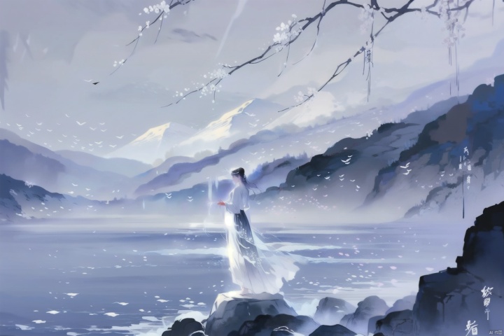  In one ink painting, a woman dressed in lilac stands in front of a foggy landscape. Her figure seems to be part of the painting, integrated with the surrounding mountains and water. Her eyes are deep, as if in contemplation of the mood. Her outstretched hands, moving her graceful body, her fingers gently touching the hem of her skirt, reveal a gentle sensuality in her movements. Traditional Chinese ink painting;, woman