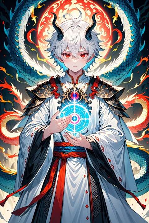  Solo, looking at the audience, red eyes, 1boy, white hair, male focus, horns, armor, glow, laser, nft, third eye, robe, reality, fantasy, Chinese dragon, (masterpiece) best quality, correct dissection, perfect hands