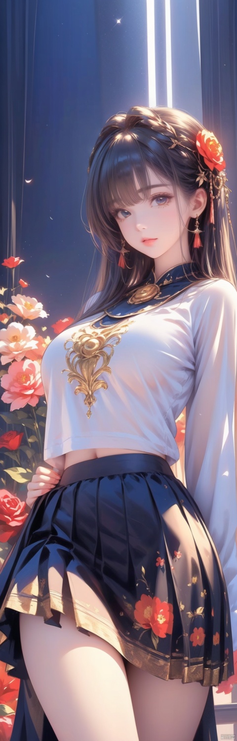  anime,(masterpiece, top quality, best quality, official art, beautiful and aesthetic:1.2),(1girl),upper body,extreme detailed,(fractal art:1.3),colorful,flowers,highest detailed,1 girl,glowing,skirt,shirt, Thighs, ((poakl))
