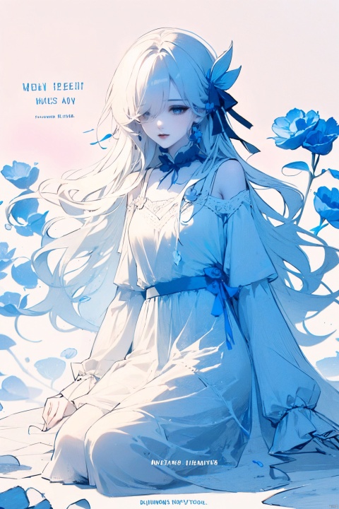  1girl, blue eyes, white long translucent night gown, expressionless, (white hair), hair cover one eye, long hair, blue hair flower, kneeling on lake, blood, (plenty of blue petals:1.35), (white background:1.5), (English text), greyscale, monochrome,greyscale,monochrome,sketch, liuying, meiren-red lips, Diagram