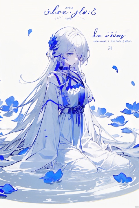  1girl, blue eyes, white long translucent night gown, expressionless, (white hair), hair cover one eye, long hair, blue hair flower, kneeling on lake, blood, (plenty of blue petals:1.35), (white background:1.5), (English text), greyscale, monochrome,greyscale,monochrome,sketch, liuying