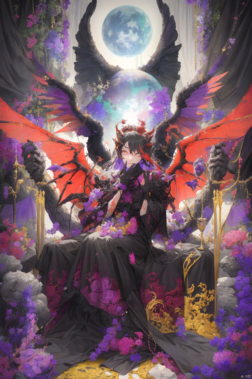  Envision a scene where the demons, having conquered heaven, now revel in their victory. The colors are dark and twisted, with the demons' forms contorted in expressions of cruel delight as they defile the once holy ground of the celestial realm., zgct color, 1girl, best quality