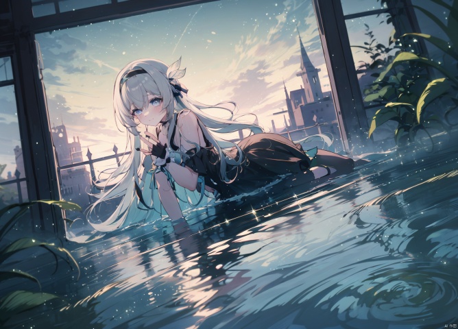  masterpiece, best quality,1girl, alternate costume, 
\\\\\\\\\
 1girl, solo,  flower, lantern, water, ripples, bangs, white_flower, looking_at_viewer, full_body, copyright_name, reflection, lying,
\\\\\\\\\\\,
liuying,def clothe,1girl,black thighhighs,blue eyes,hairband,long hair,black hairband,fingerlessgloves,skirt,
, haoche