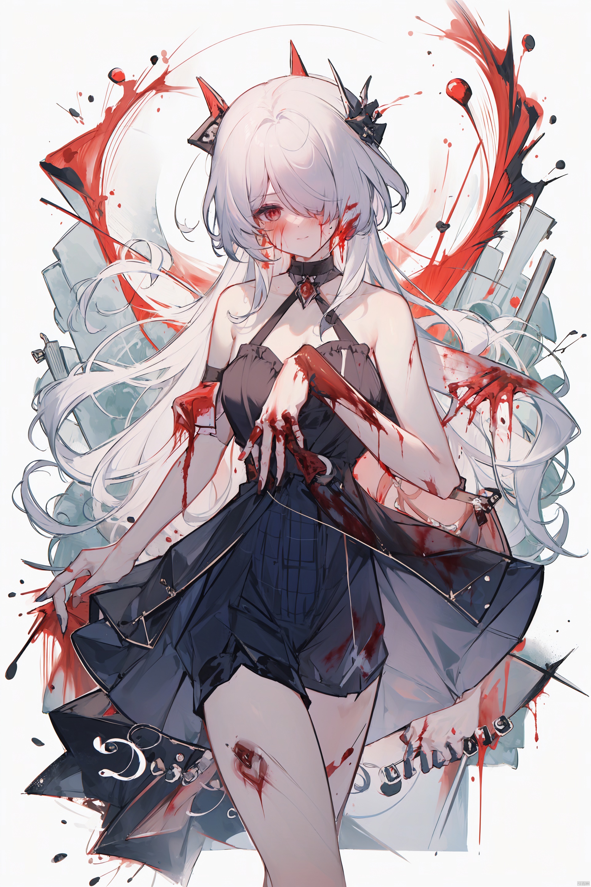  masterpiece, best quality,1girl, alternate costume, solo, bag, looking at viewer, blush, plaid, charm (object), bag charm, bangs, contemporary, sidelocks, jewelry, character name, female woman, white background, 
\\\\\\\\\\\,
(whuangquan:1.2),white hair,asymmetrical clothes,(bloody hand,red hand:1.35) eyes,long hair,hair over one eye,shorts,
, tattoo on stomach, spread leg