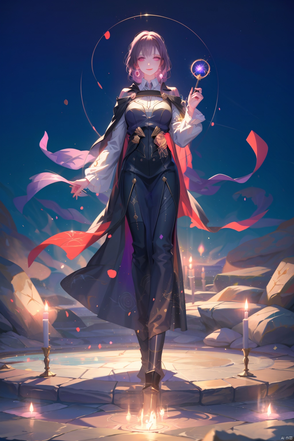  1 girl, sorceress apprentice, casting a powerful spell, wand in hand, glowing runes encircling her, cape fluttering in the magical breeze, standing in a mystic circle, surrounded by swirling potions and bubbling cauldrons, ancient tomes open nearby, eyes focused and determined, hint of mischief in her smile, purple aura shimmering around her, magical energy crackling in the air, mysterious symbols carved into the stone floor, dimly lit chamber with candles flickering, creating a dramatic and enchanting atmosphere.
, robinSR, 1girl