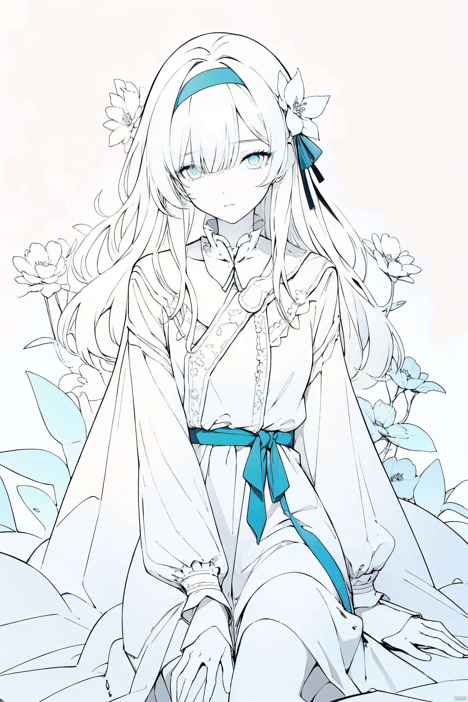  1girl, blue eyes, white long translucent night gown, expressionless, (white hair), hair cover one eye, long hair, blue hair flower, kneeling on lake, blood, (plenty of blue petals:1.35), (white background:1.5), (English text), greyscale, monochrome,greyscale,monochrome,sketch, liuying