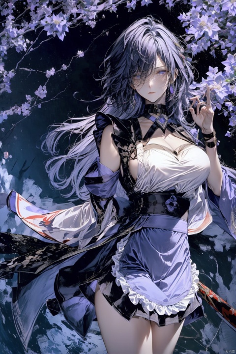  1girl, purple hair, dark purple hair, purple clip on hair, wearing Japanese clothes, Japanese clothes, purple and white Japanese clothes, holding a sword, holding a purple shiny sword, glowing purple sword, Japanese type sword, background charry blossom trees, beautiful pinkish charry blossom trees, dark purple sky, look at the view, lora:more_details:0.5, vibrant colors, masterpiece, sharp focus, best quality, depth of field, cinematic lighting, lora:more_details:0.5,wearing an apron, lora:more_details:0.5, naked and wearing an apron, Ymir Fritz, katana, spread leg, BY MOONCRYPTOWOW
