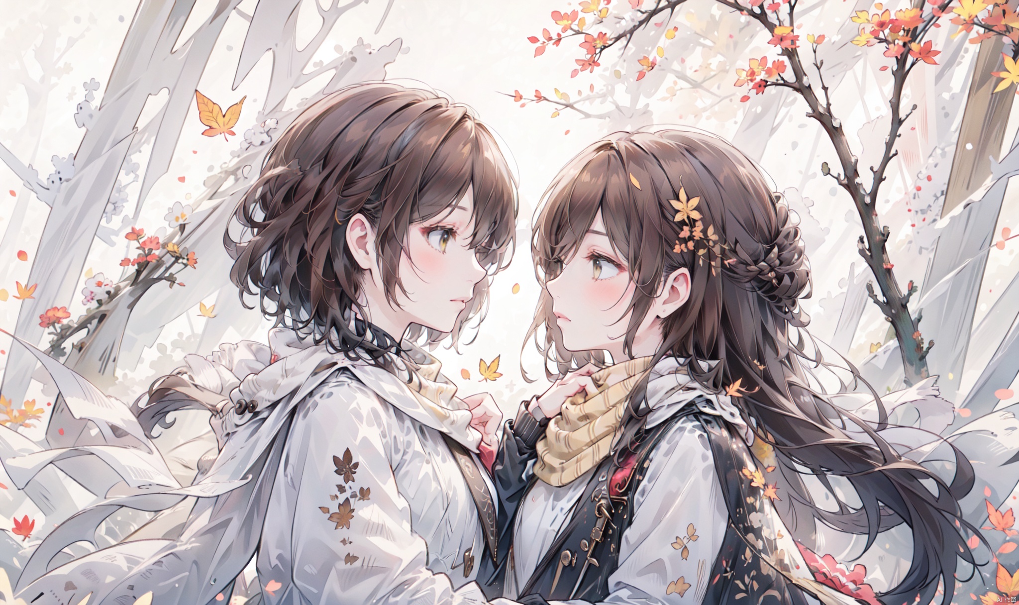 1girl, long hair, bangs, brown hair, black hair, long sleeves, 1boy, closed mouth, upper body, hetero, hand up, scarf, looking at another, coat, profile, leaf, expressionless, wind, light particles, eye contact, height difference, branch, white scarf, autumn leaves, yellow theme, clothes grab, A couple look at each other affectionately, Aesthetic, The seasons change, Winter, Autumn, Spring, Summer, from side