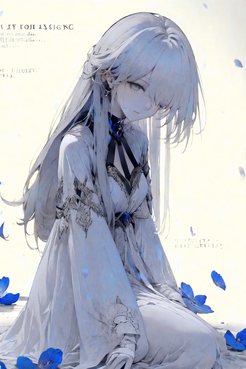  1girl, blue eyes, white long translucent night gown, expressionless, (white hair), hair cover one eye, long hair, blue hair flower, kneeling on lake, blood, (plenty of blue petals:1.35), (white background:1.5), (English text), greyscale, monochrome,greyscale,monochrome,sketch, liuying, meiren-red lips, Diagram