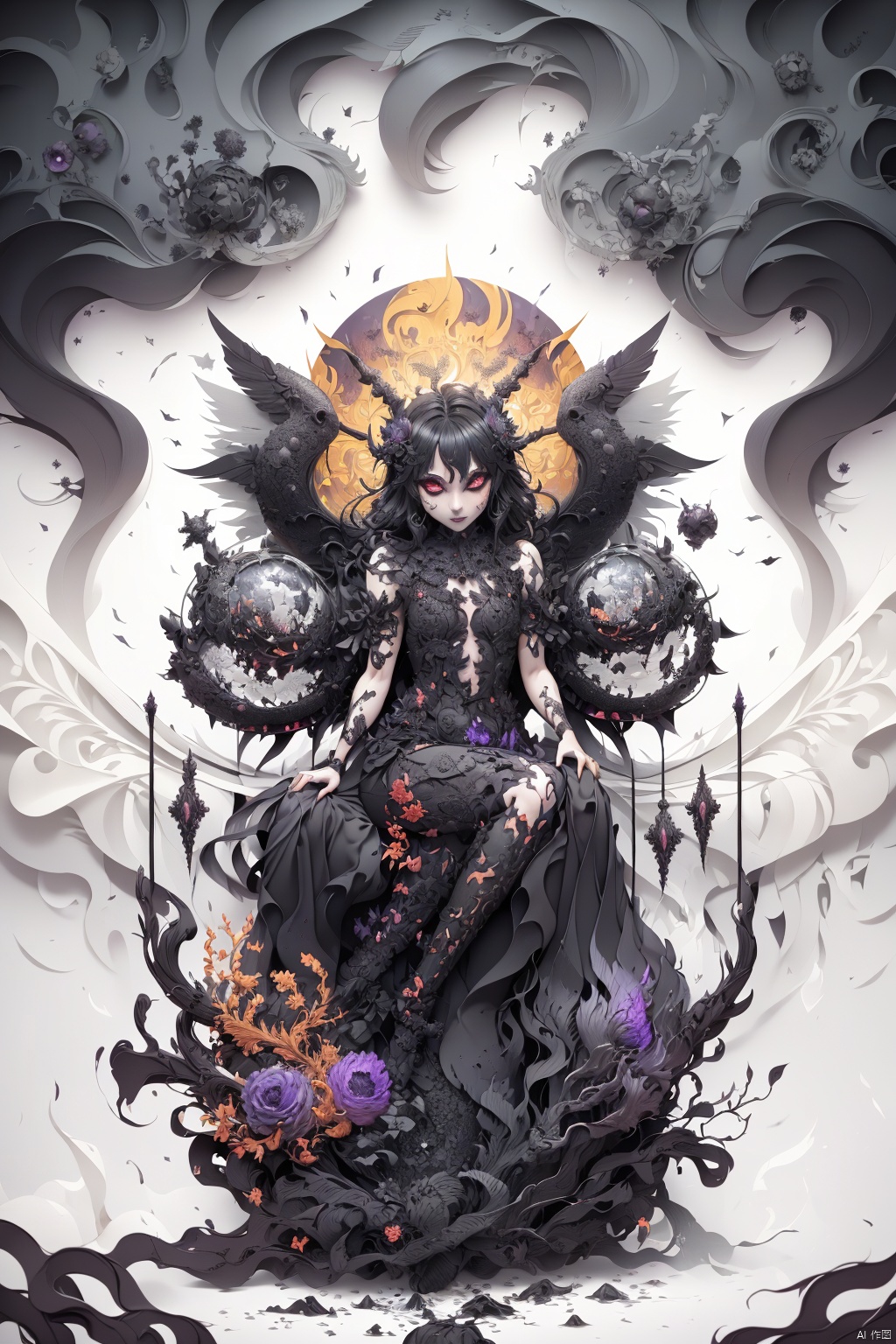  Envision a scene where the demons, having conquered heaven, now revel in their victory. The colors are dark and twisted, with the demons' forms contorted in expressions of cruel delight as they defile the once holy ground of the celestial realm., zgct color, 1girl