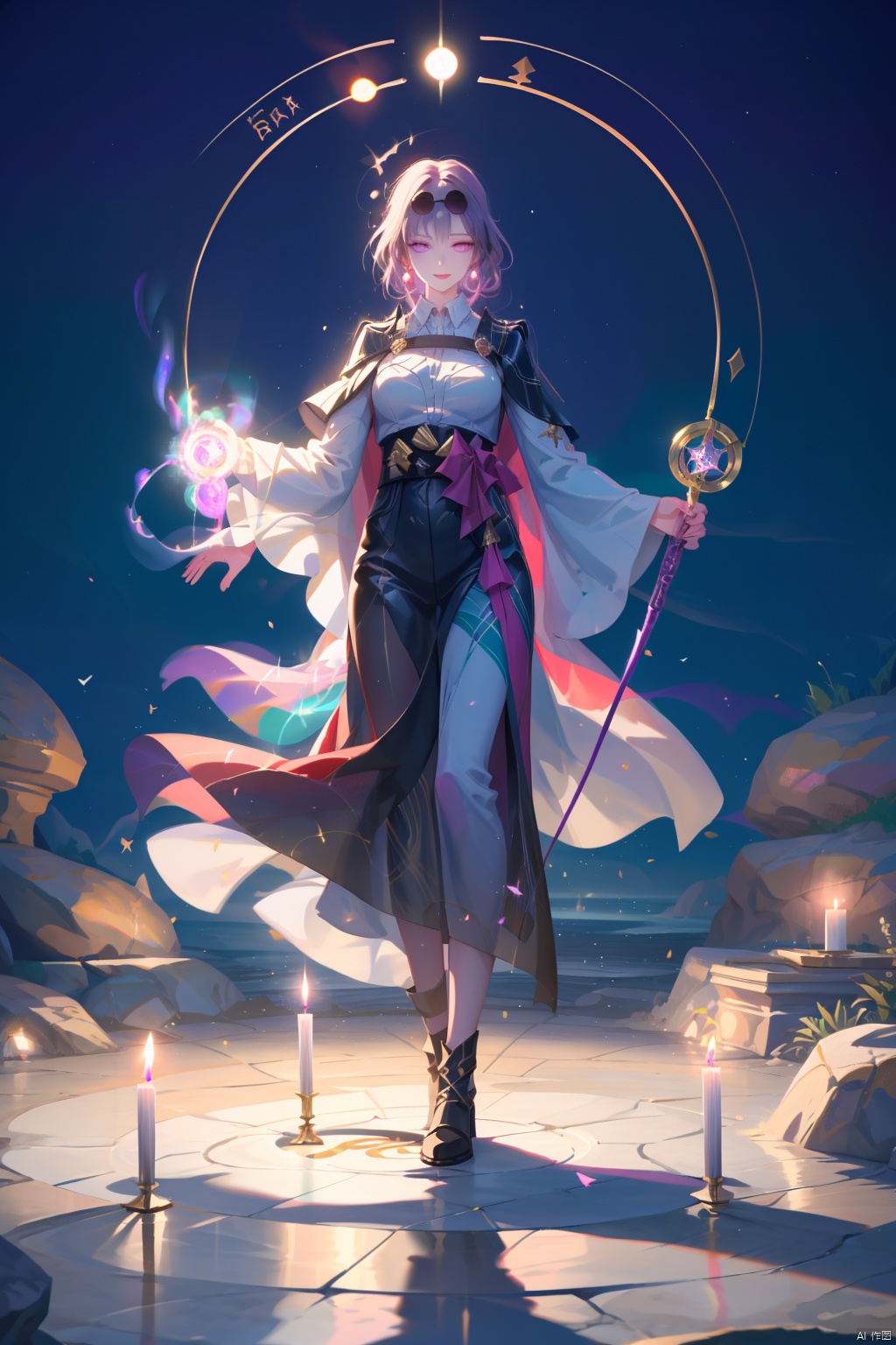  1 girl, sorceress apprentice, casting a powerful spell, wand in hand, glowing runes encircling her, cape fluttering in the magical breeze, standing in a mystic circle, surrounded by swirling potions and bubbling cauldrons, ancient tomes open nearby, eyes focused and determined, hint of mischief in her smile, purple aura shimmering around her, magical energy crackling in the air, mysterious symbols carved into the stone floor, dimly lit chamber with candles flickering, creating a dramatic and enchanting atmosphere.
, robinSR, 1girl