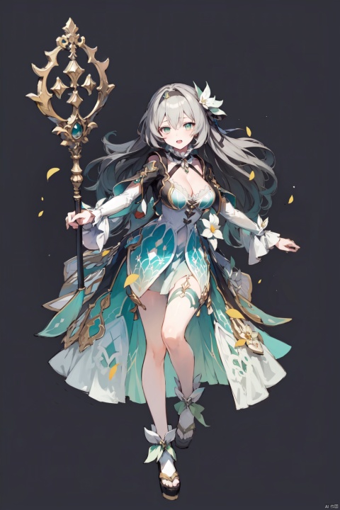 1girl, solo, long hair, green eyes, flower, staff, hair flower, hair ornament, copyright name, dress, breasts, full body, open mouth, cleavage, black hair, simple background, petals, grey background, looking at viewer, medium breasts, very long hair, jewelry, holding staff, holding, company name,grey hair