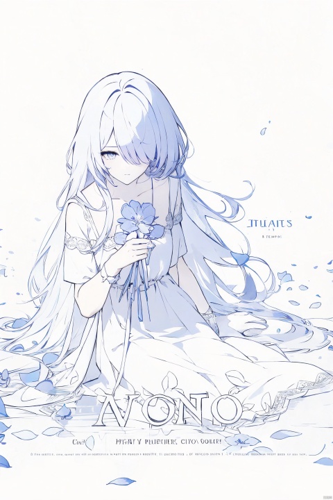  1girl, blue eyes, white long translucent night gown, expressionless, (white hair), hair cover one eye, long hair, blue hair flower, kneeling on lake, blood, (plenty of blue petals:1.35), (white background:1.5), (English text), greyscale, monochrome,greyscale,monochrome,sketch, liuying