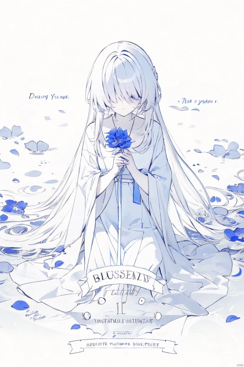  1girl, blue eyes, white long translucent night gown, expressionless, (white hair), hair cover one eye, long hair, blue hair flower, kneeling on lake, blood, (plenty of blue petals:1.35), (white background:1.5), (English text), greyscale, monochrome,greyscale,monochrome,sketch, liuying