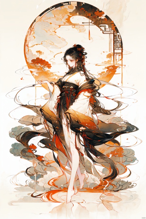 A girl, full-body photo, indoor, Hanfu, long hair fluttering, classical beauty, Chinese style.,Long legs,Show long legs,Golden Hanfu, bright and shining,((white hair)),((Bare legs)),((barefoot)),((Solid color background)),Xiangyun, China Cloud, Ink scattering_Chinese style, Dragon and girl
