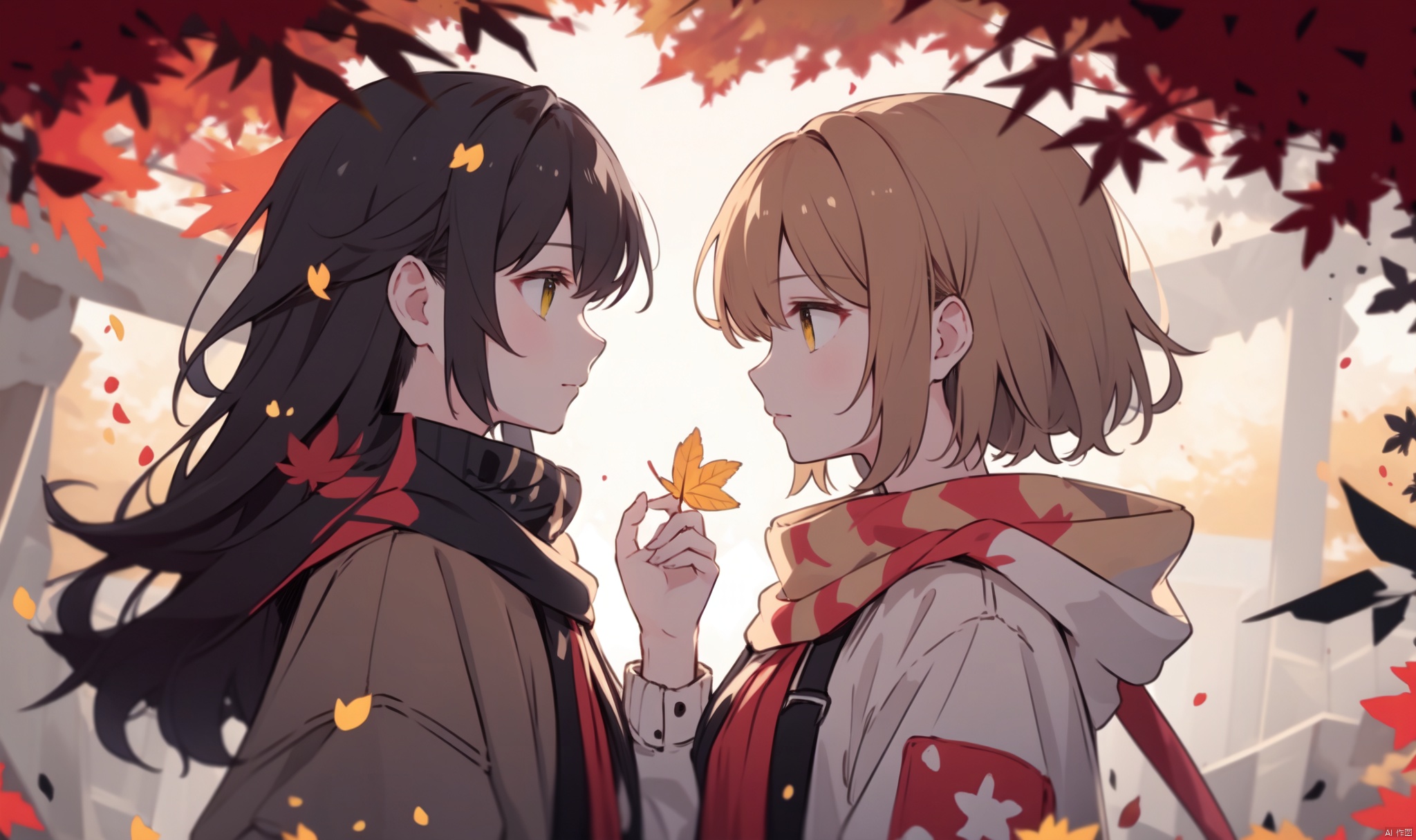 1girl, long hair, bangs, brown hair, black hair, long sleeves, 1boy, closed mouth, upper body, hetero, hand up, scarf, looking at another, from side, coat, profile, leaf, expressionless, wind, light particles, eye contact, height difference, branch, white scarf, autumn leaves, yellow theme, clothes grab