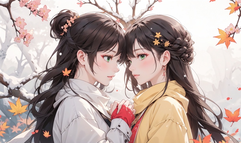 1girl, long hair, bangs, brown hair, black hair, long sleeves, 1boy, closed mouth, upper body, hetero, hand up, scarf, looking at another, coat, profile, leaf, expressionless, wind, light particles, eye contact, height difference, branch, white scarf, autumn leaves, yellow theme, clothes grab, A couple look at each other affectionately, Aesthetic, The seasons change, Winter, Autumn, Spring, Summer, Snow theme, Purple theme, Green theme, It snows, Willow tree, Peach blossom, from side, yinwen,no humans