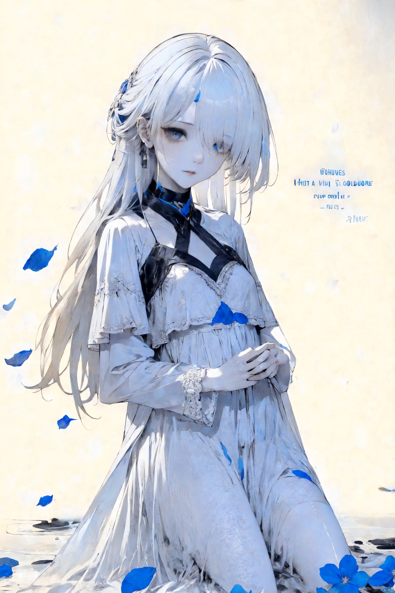  1girl, blue eyes, white long translucent night gown, expressionless, (white hair), hair cover one eye, long hair, blue hair flower, kneeling on lake, blood, (plenty of blue petals:1.35), (white background:1.5), (English text), greyscale, monochrome,greyscale,monochrome,sketch, liuying, meiren-red lips, Diagram