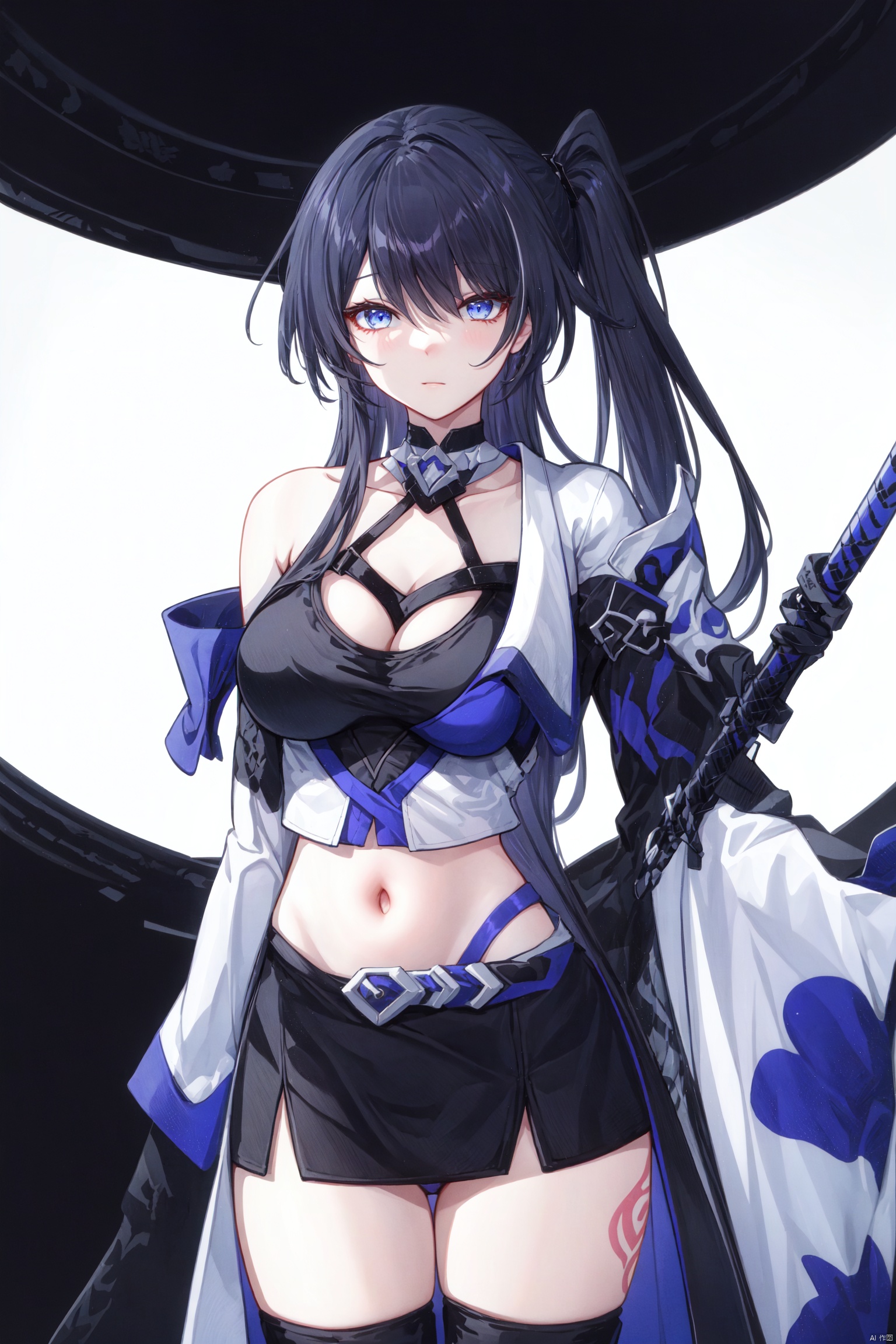 breasts, 1girl, long hair, black dress, very long hair, dress, large breasts, morgan le fay \(fate\), bangs, ponytail, hair bow, blue eyes, bow, french braid, long sleeves, looking at viewer, white dress, grey hair, pelvic curtain, sidelocks, braid, boots, thighs, solo, wide sleeves, center opening, two-tone dress, black bow, thigh boots, black footwear, spear, weapon, cleavage, polearm, tiara, thighhighs, navel, spikes, tattoo,流萤, LiuYing,liuying, firefly \(honkai: star rail\), katana,yinwen,no humans