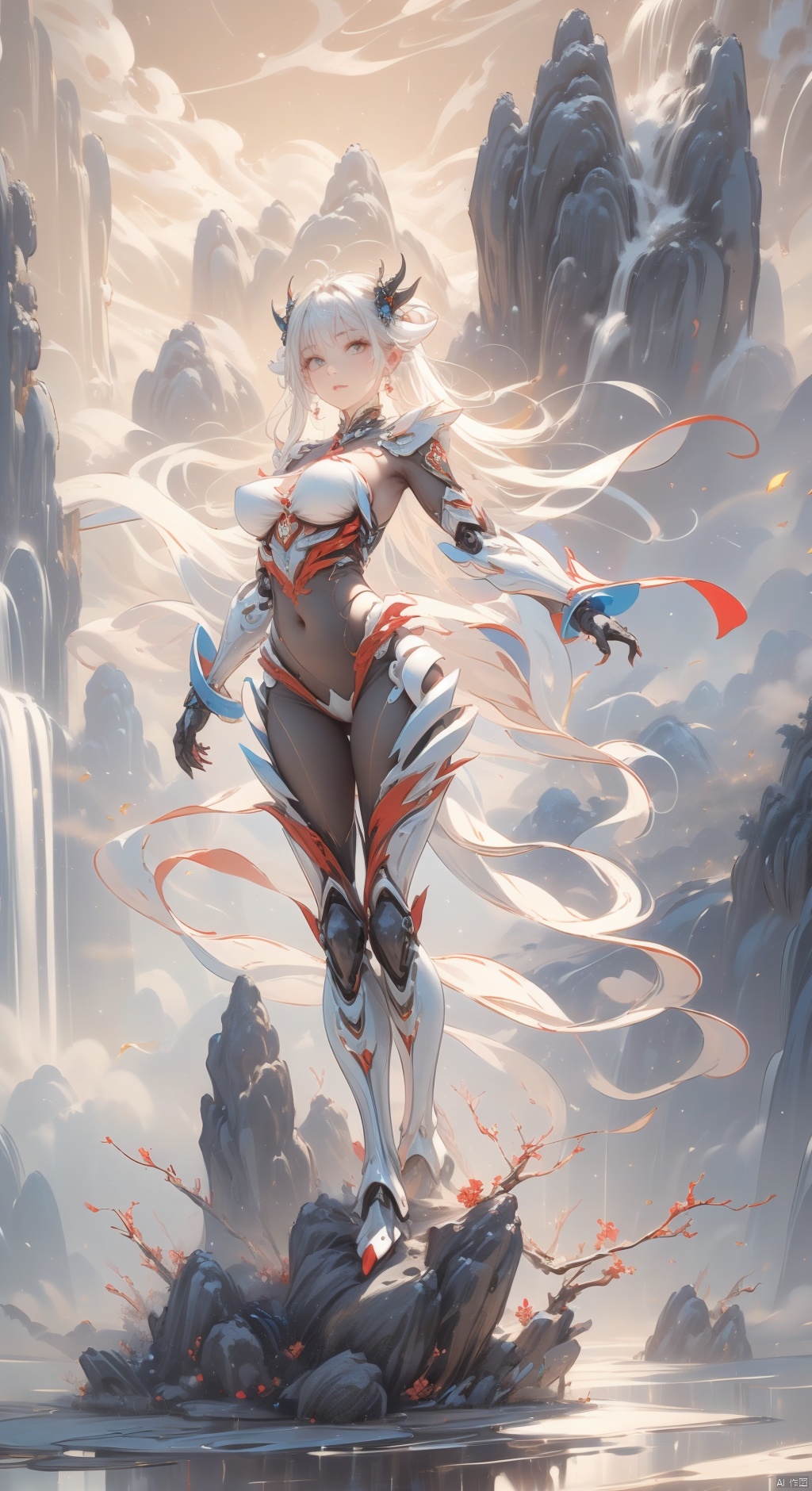  The game -Tower of Fantasy, the character -NEMESIS, (a half-human, half-mechanical beauty: 1.4), (wearing a black combat soft armor: 1.2), soft armor is inset with red, white, and gold decorations, both highlight her half-human, half-mechanical characteristics, but also give her a mysterious charm. Her long hair hung loose behind her, flowing gently, in stark contrast to the grim style of the outfit. There was a firmness in her eyes, as if she were ready to fight for justice whenever and wherever she could, eastern_dragon, Dragon and girl