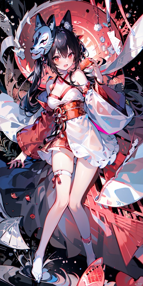 1girl, solo, long hair, breasts, looking at viewer, bangs, black hair, red eyes, long sleeves, dress, bow, holding, cleavage, hair between eyes, bare shoulders, twintails, medium breasts, very long hair, full body, detached sleeves, japanese clothes, water, sash, bare legs, thigh strap, mask, obi, red dress, pink dress, red nails, fish, string, fox mask, ripples, string of fate, holding mask, tattoo on stomach, spread leg