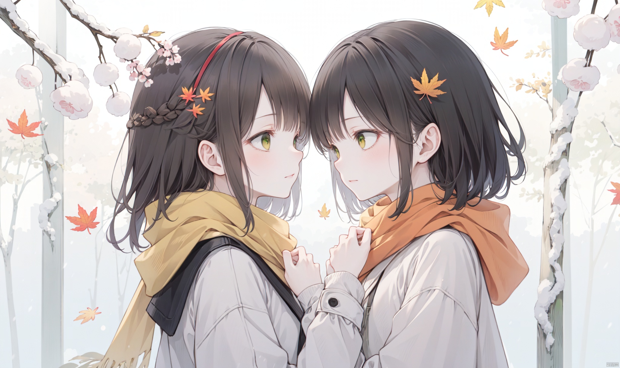 1girl, long hair, bangs, brown hair, black hair, long sleeves, 1boy, closed mouth, upper body, hetero, hand up, scarf, looking at another, coat, profile, leaf, expressionless, wind, light particles, eye contact, height difference, branch, white scarf, autumn leaves, yellow theme, clothes grab, A couple look at each other affectionately, Aesthetic, The seasons change, Winter, Autumn, Spring, Summer, Snow theme, Purple theme, Green theme, It snows, Willow tree, Peach blossom, from side, yinwen,no humans