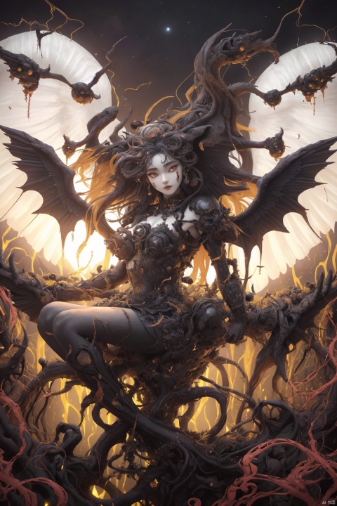  Envision a scene where the demons, having conquered heaven, now revel in their victory. The colors are dark and twisted, with the demons' forms contorted in expressions of cruel delight as they defile the once holy ground of the celestial realm., zgct color, 1girl