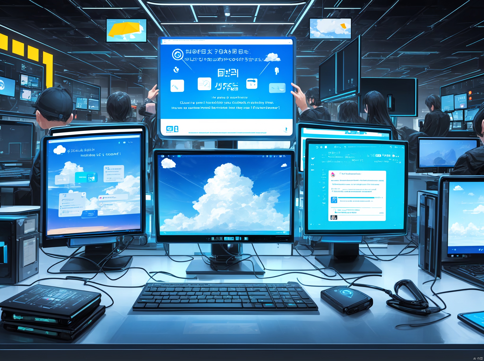 Work in front of the computer, Cloud customer service, Keep the text in mind for risk control security, Text Protection: Customers protect themselves, Transparent smartphone,Work on a computer desktop, Cloud customer service, Keep the text in mind for risk control security, Text Protection: Customers protect themselves, holographic interface, fantasy, Transparent smartphone