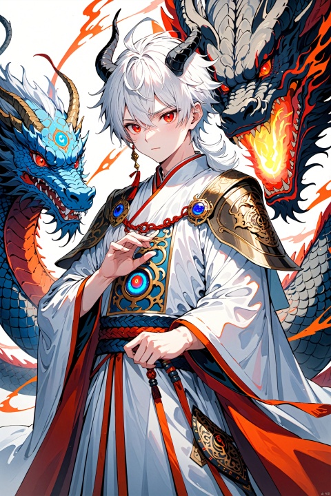  Solo, looking at the audience, red eyes, 1boy, white hair, male focus, horns, armor, glow, laser, nft, third eye, robe, reality, fantasy, Chinese dragon, (masterpiece) best quality, correct dissection, perfect hands